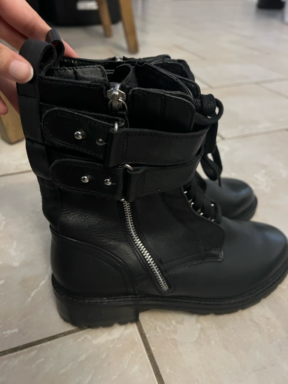 Topshop x Ashley Black Lace-Up Leather Ankle Boots with Strap - Picture 2 of 4